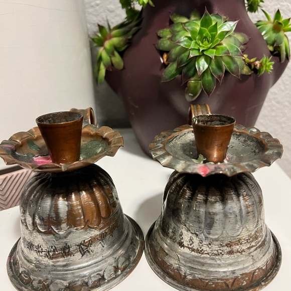 United Arab Republic Copper / Tin Candle Holder Set Of 2 Chamberstick 4.5”Tall - Picture 8 of 9